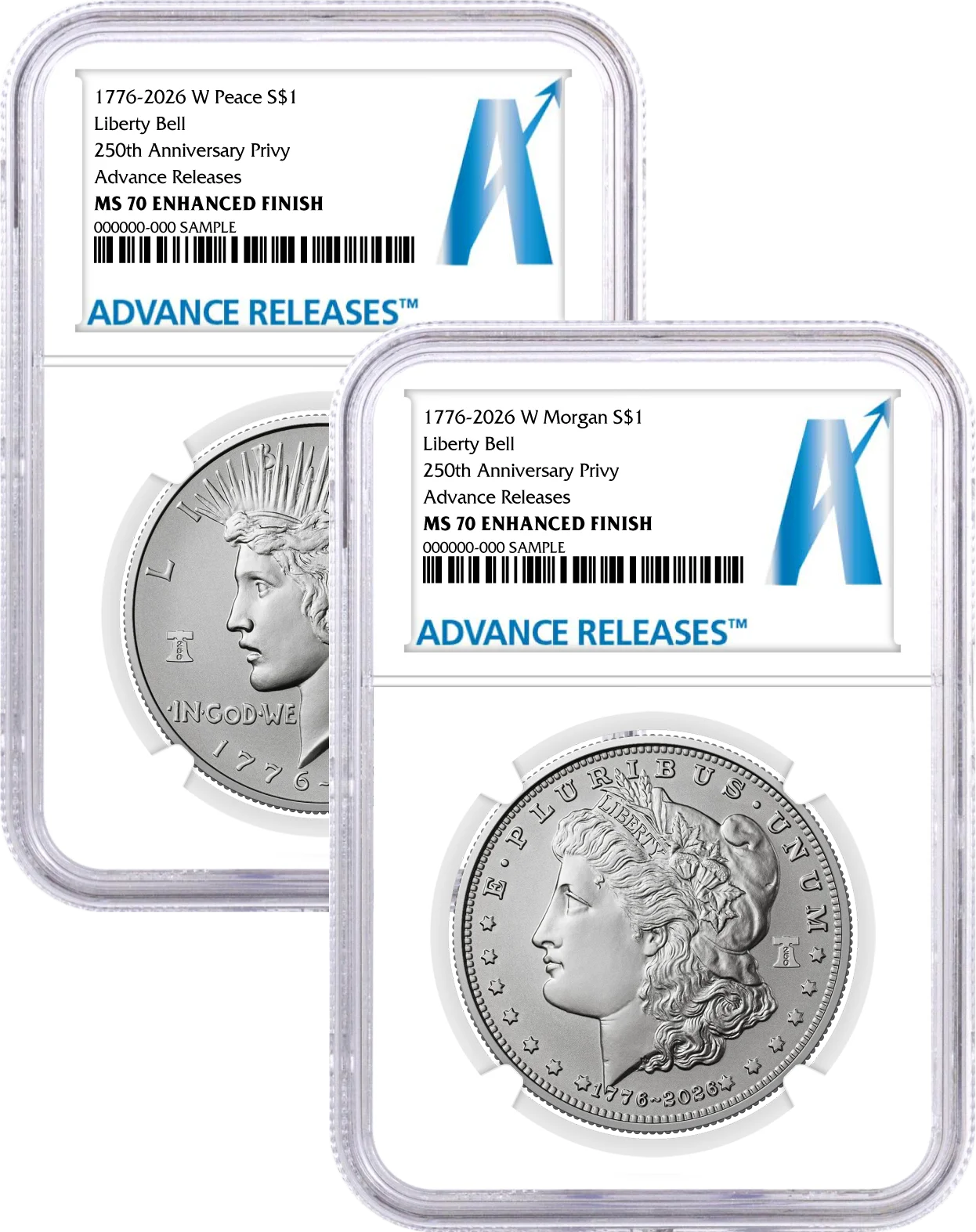 1776-2026 (W) $1 Enhanced Uncirculated Silver Morgan Dollar & Peace Dollar 2-Coin Set NGC MS70 Advance Releases A Label