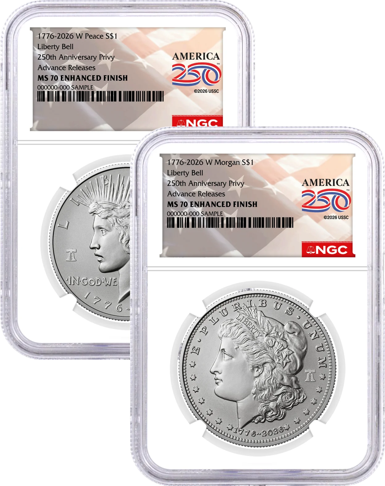 1776-2026 (W) $1 Enhanced Uncirculated Silver Morgan Dollar & Peace Dollar 2-Coin Set NGC MS70 Advance Releases America250™ Label