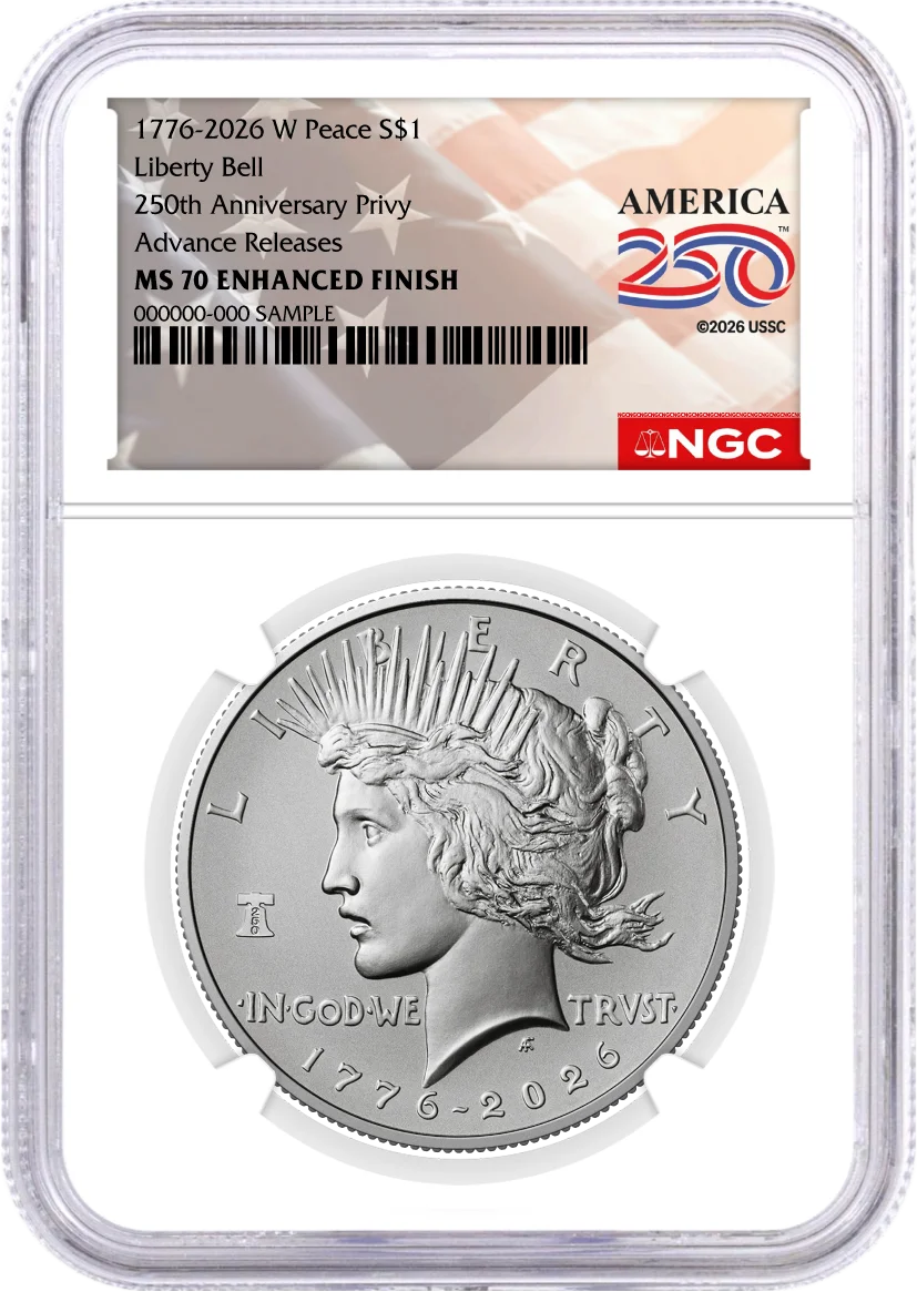 1776-2026 (W) $1 Enhanced Uncirculated Silver Morgan Dollar & Peace Dollar 2-Coin Set NGC MS70 Advance Releases America250™ Label