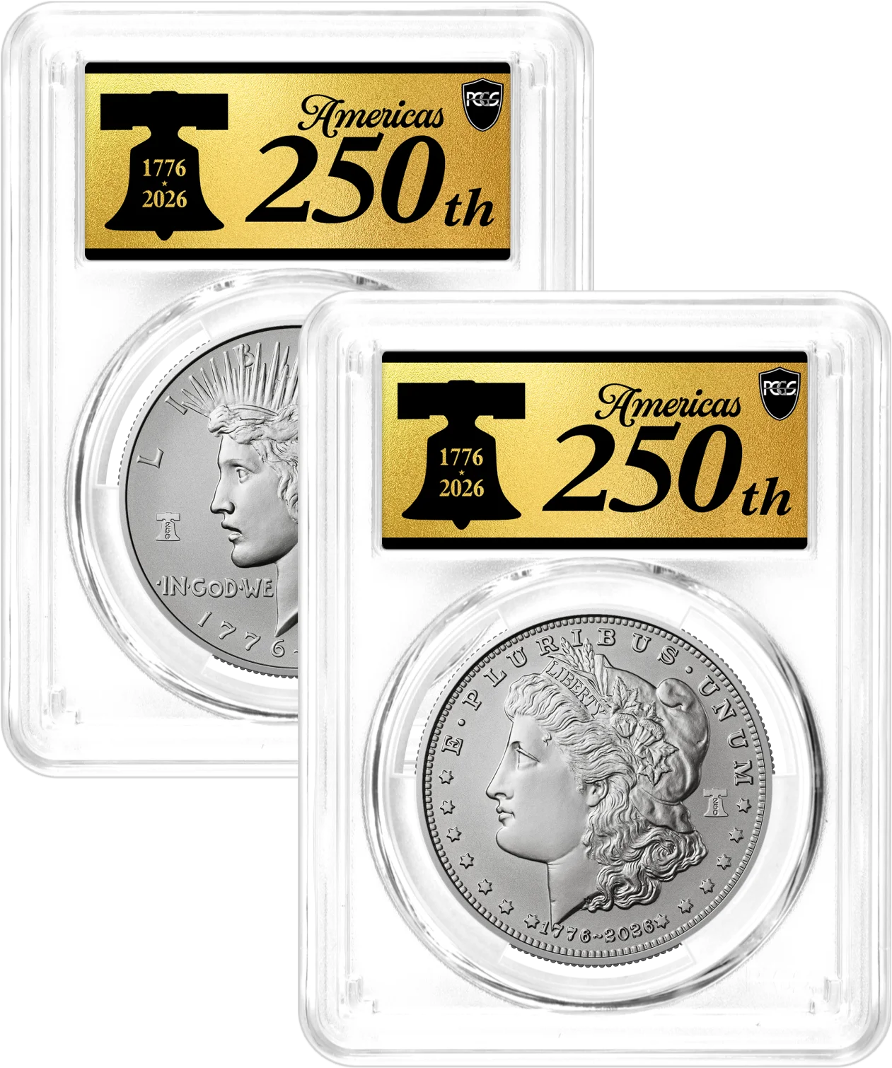 1776-2026 (W) $1 Enhanced Uncirculated Silver Morgan Dollar & Peace Dollar 2-Coin Set PCGS SP70 Advanced Release America's 250th Gold Label