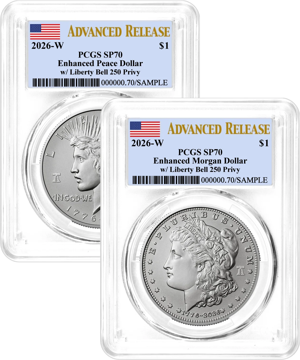 1776-2026 (W) $1 Enhanced Uncirculated Silver Morgan Dollar & Peace Dollar 2-Coin Set PCGS SP70 Advanced Release Flag Label