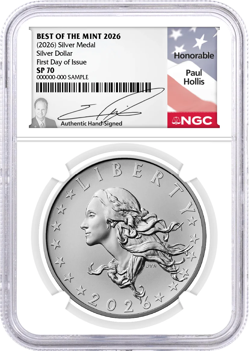 1804(2026) W $1 Silver Dollar 24K Gold Coin with Liberty Bell Privy + Companion Silver Medal Best of the Mint NGC SP70 FDOI Hollis Signed Flag Label with Bonus 1776 2-Coin Display Case
