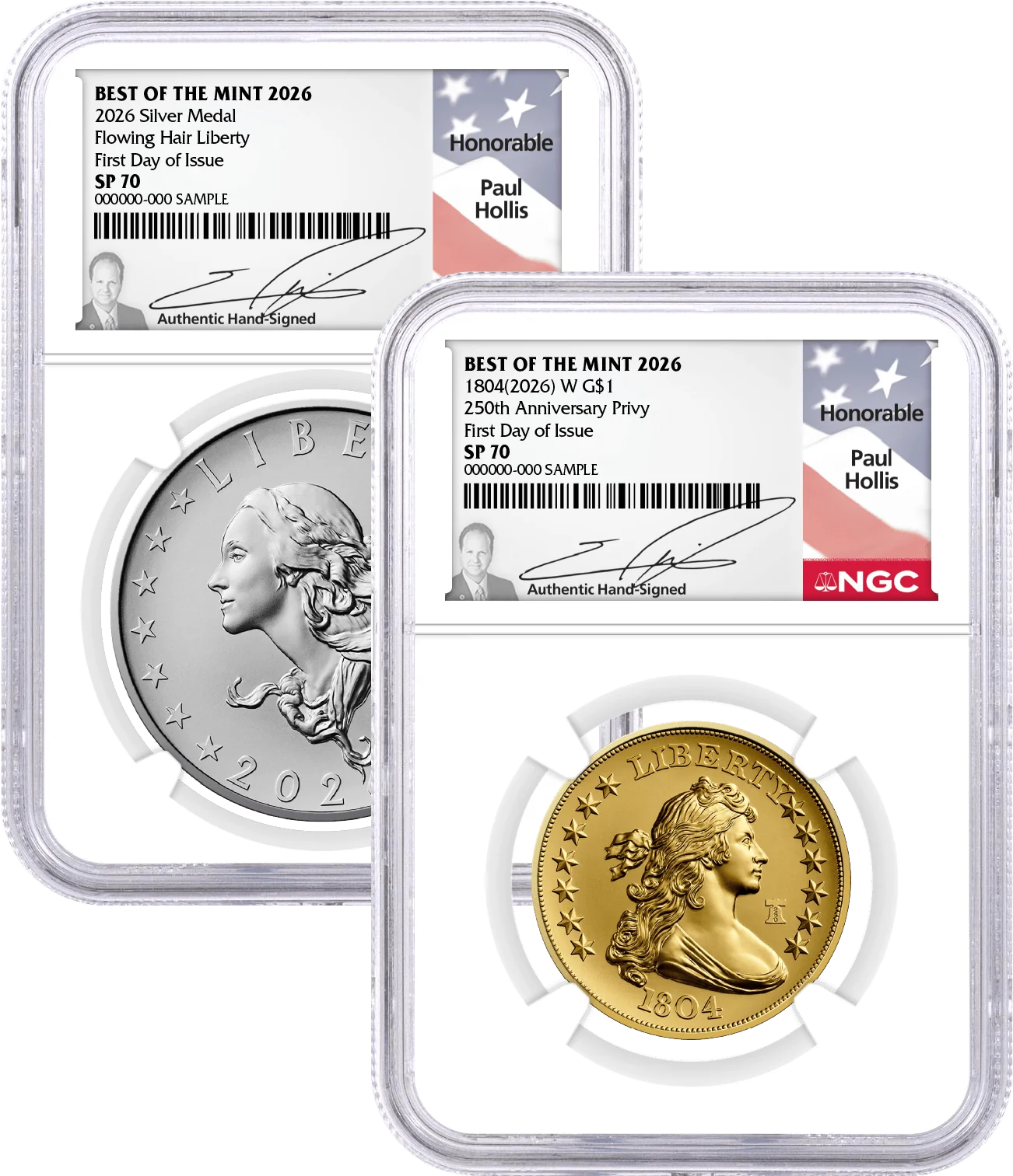 1804(2026) W $1 Silver Dollar 24K Gold Coin with Liberty Bell Privy + Companion Silver Medal Best of the Mint NGC SP70 FDOI Hollis Signed Flag Label with Bonus 1776 2-Coin Display Case