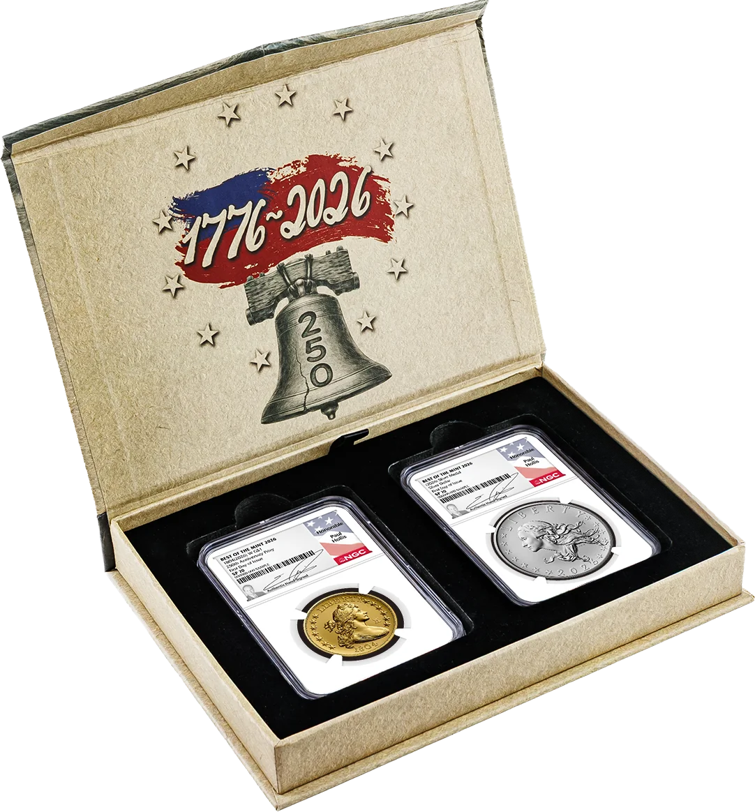 1804(2026) W $1 Silver Dollar 24K Gold Coin with Liberty Bell Privy + Companion Silver Medal Best of the Mint NGC SP70 FDOI Hollis Signed Flag Label with Bonus 1776 2-Coin Display Case