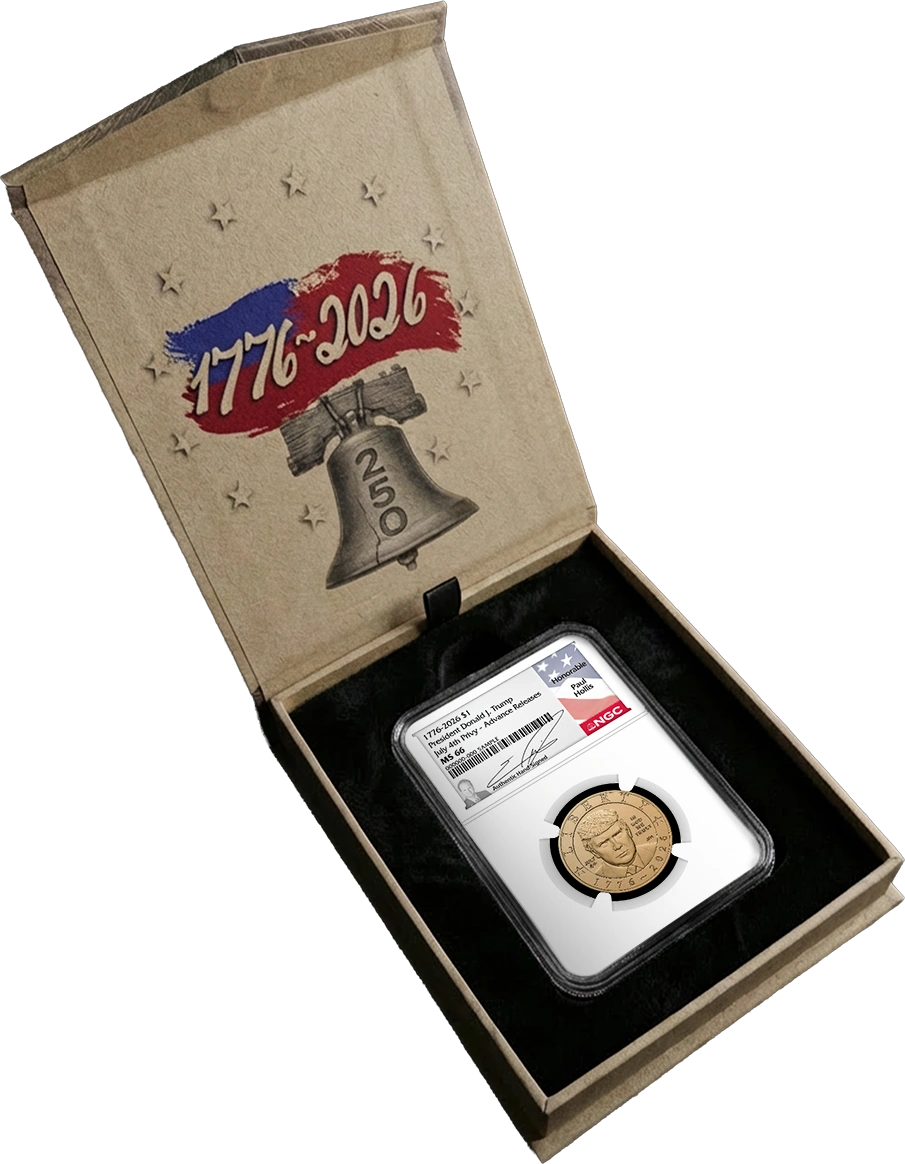 1776-2026 $1 Semiquincentennial Donald J. Trump July 4th Privy NGC MS66 Advance Releases Hollis Signed Flag Label with Bonus 1776 Display Case + 25-Coin Non-Privy Roll