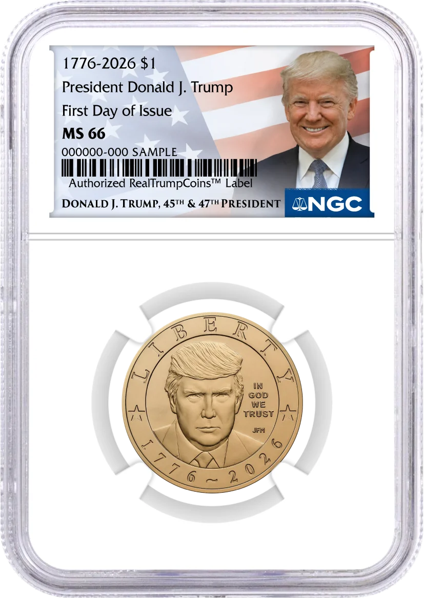 1776-2026 $1 Semiquincentennial Donald J. Trump NGC MS66 First Day of Issue Trump Flag Label