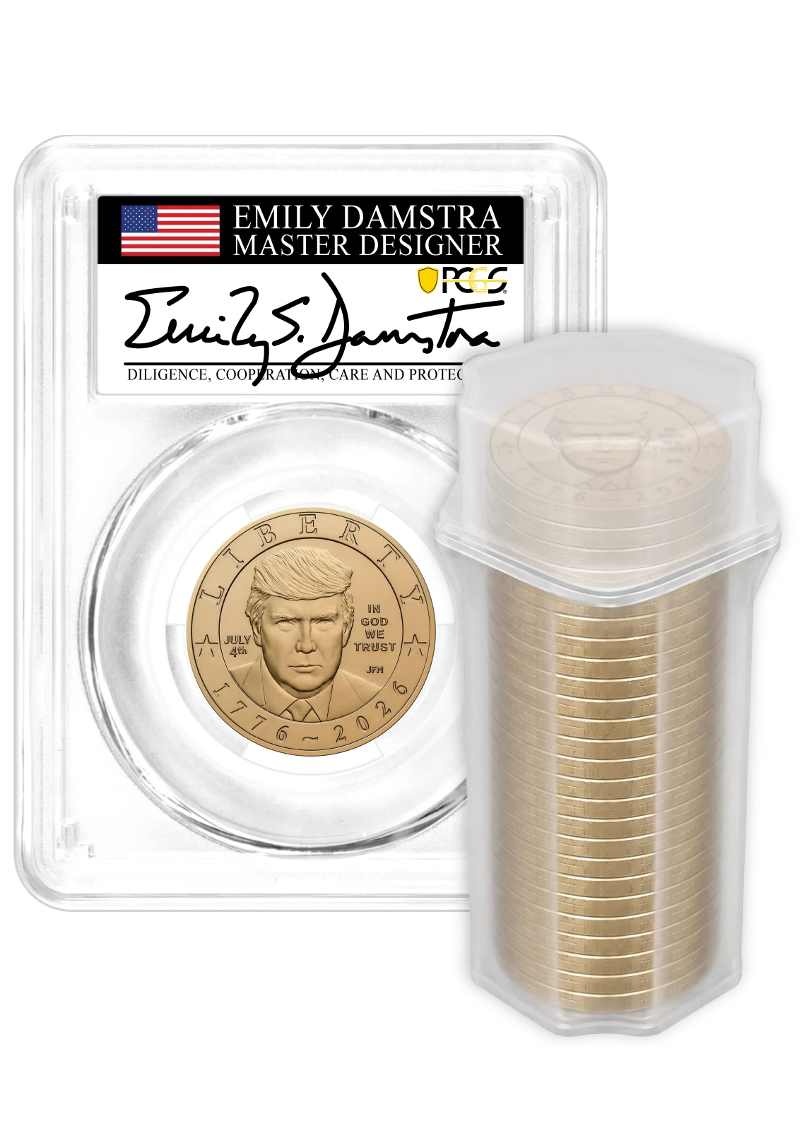 1776-2026 $1 Semiquincentennial Donald J. Trump July 4th Privy PCGS MS66 Advanced Release Damstra Signed Flag Label with Bonus 1776 Display Case + 25-Coin Non-Privy Roll
