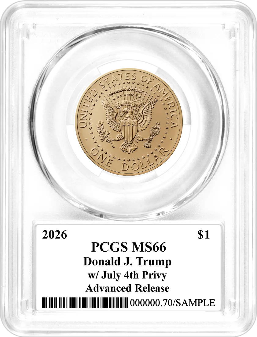 1776-2026 $1 Semiquincentennial Donald J. Trump July 4th Privy PCGS MS66 Advanced Release Damstra Signed Flag Label with Bonus 1776 Display Case + 25-Coin Non-Privy Roll
