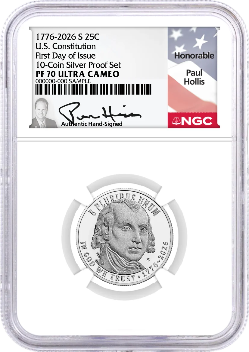 2026 S Semiquincentennial Silver Proof 10-Coin Set NGC PF70 UCAM First Day of Issue Hollis Signed with Coin Advisor 10-Slab Box