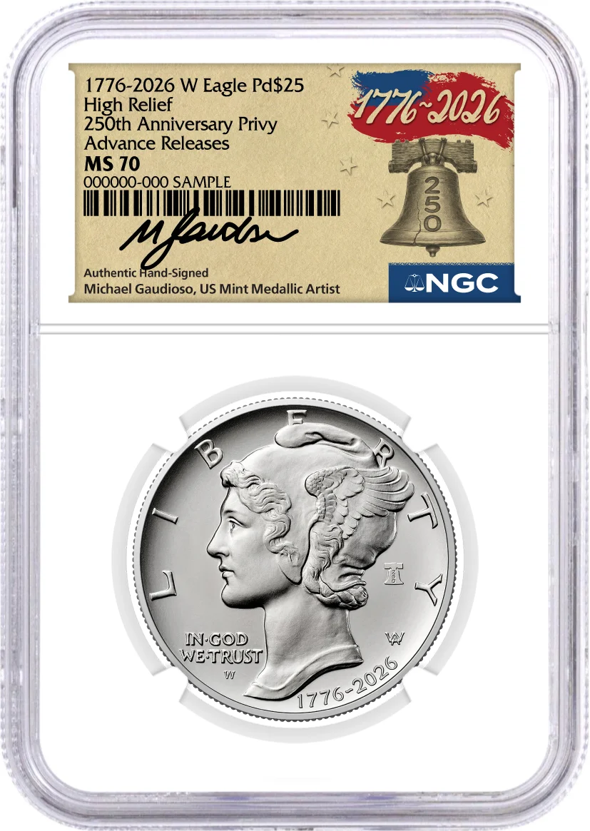 1776–2026 W Burnished Palladium Eagle High Relief 250th Anniversary Liberty Bell Privy NGC MS70 Advance Releases Gaudioso Signed 1776 Freedom Label with Bonus 1776 Display Case