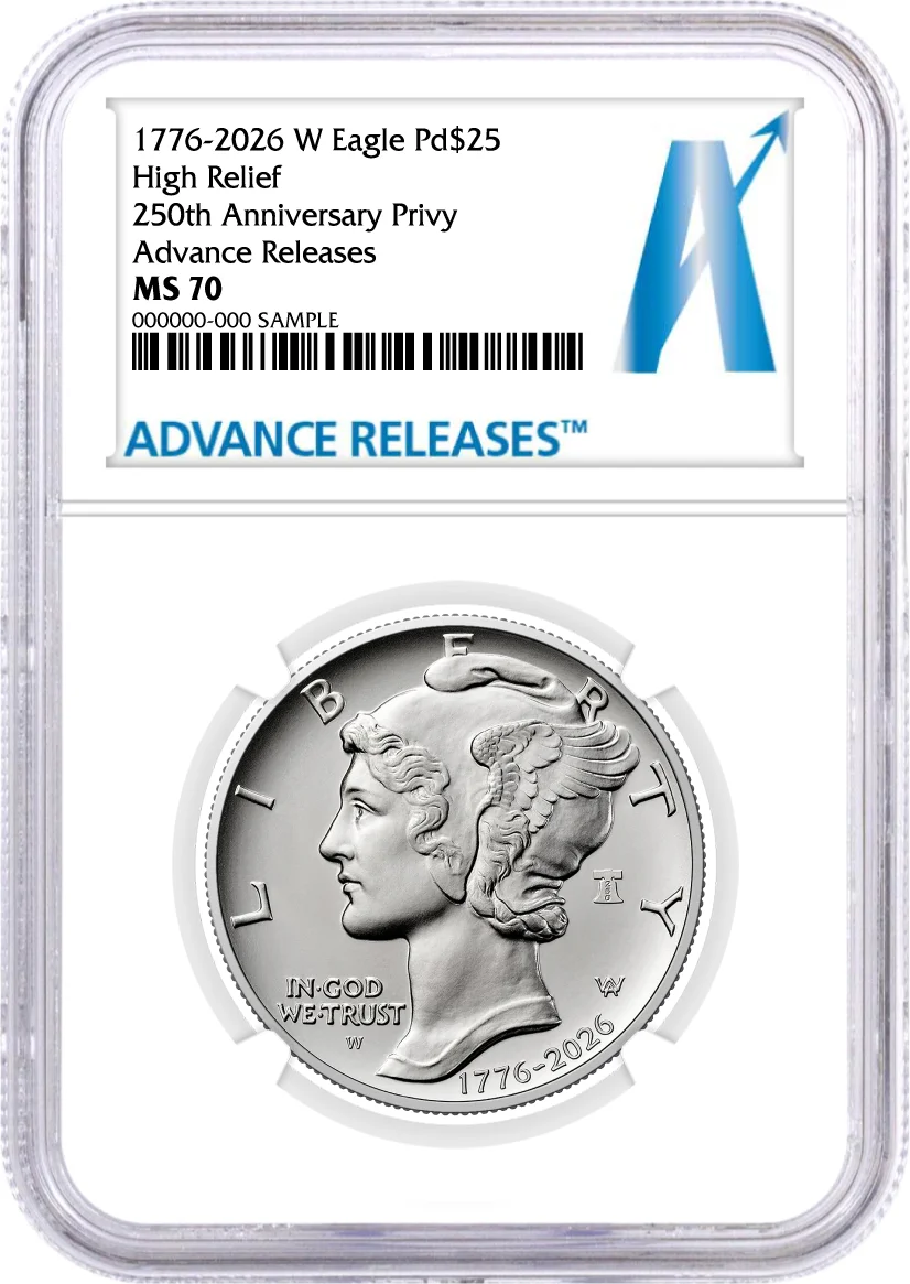 1776–2026 W Burnished Palladium Eagle High Relief 250th Anniversary Liberty Bell Privy NGC MS70 Advance Releases A Label