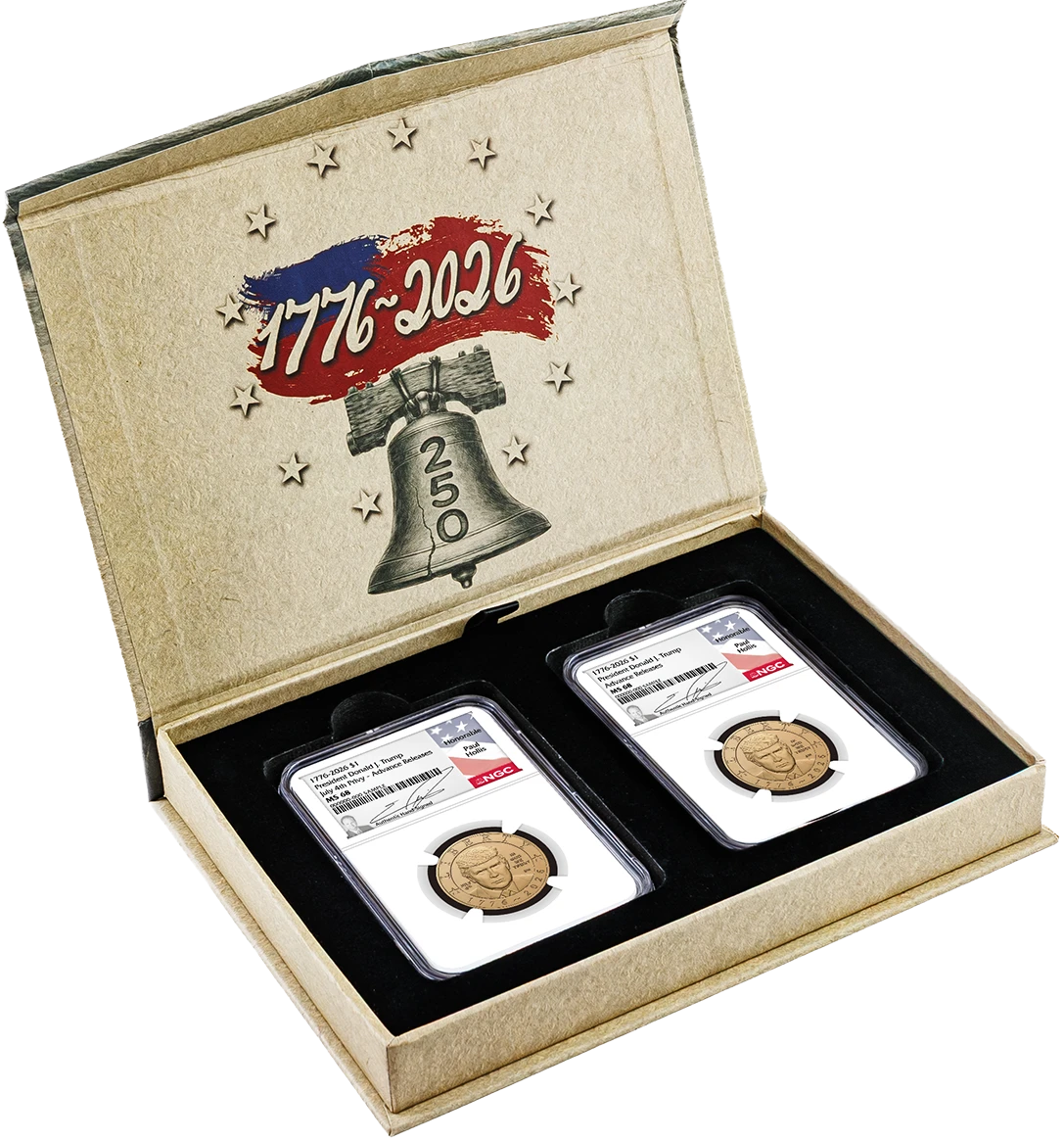 1776-2026 $1 Semiquincentennial Donald J. Trump July 4th Privy + Non Privy 2-Coin Set NGC MS68/MS68 Advance Releases Hollis Signed Flag Label with Bonus 1776 2-Coin Display Case