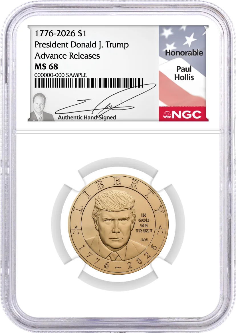 1776-2026 $1 Semiquincentennial Donald J. Trump July 4th Privy + Non Privy 2-Coin Set NGC MS68/MS68 Advance Releases Hollis Signed Flag Label with Bonus 1776 2-Coin Display Case