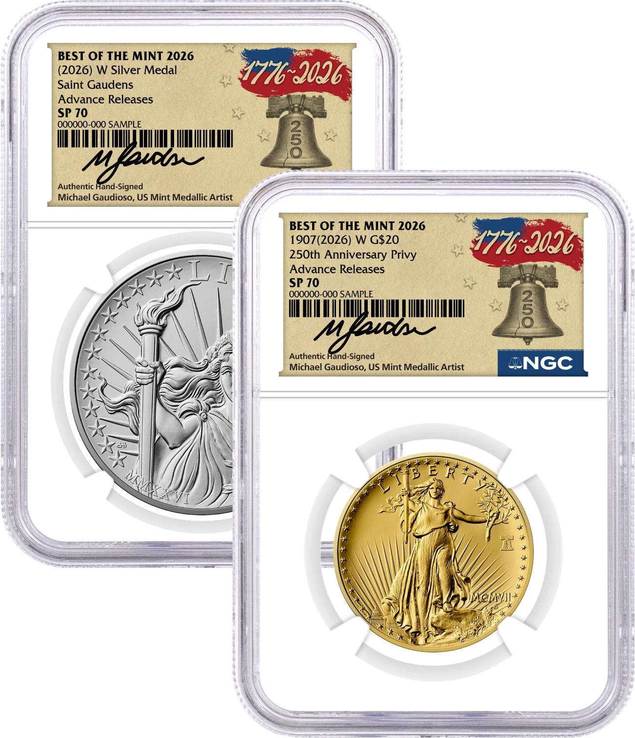 1907(2026) W 24K Gold Saint-Gaudens $20 Coin with Liberty Bell Privy + Companion Silver Medal Best of the Mint NGC SP70 Advance Releases Gaudioso Signed 1776 Freedom Label with Bonus 1776 2-Coin Display Case