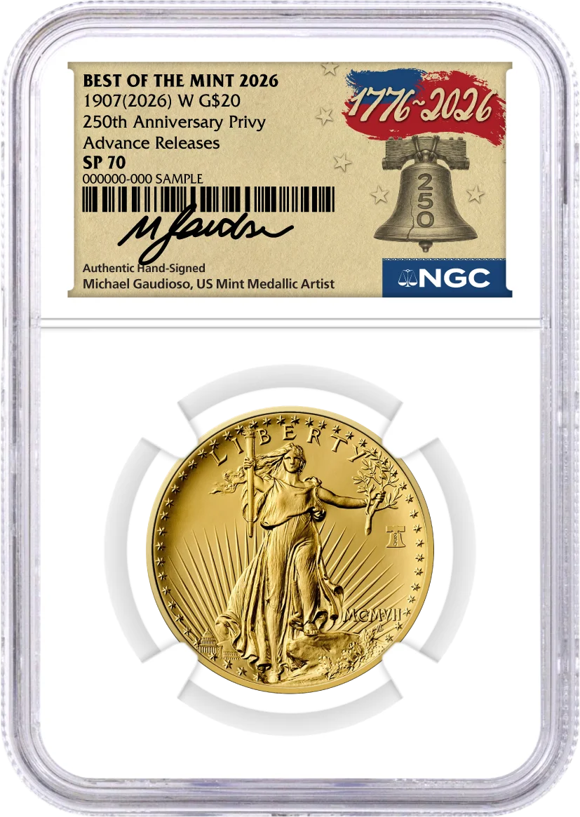 1907(2026) W 24K Gold Saint-Gaudens $20 Coin with Liberty Bell Privy + Companion Silver Medal Best of the Mint NGC SP70 Advance Releases Gaudioso Signed 1776 Freedom Label with Bonus 1776 2-Coin Display Case