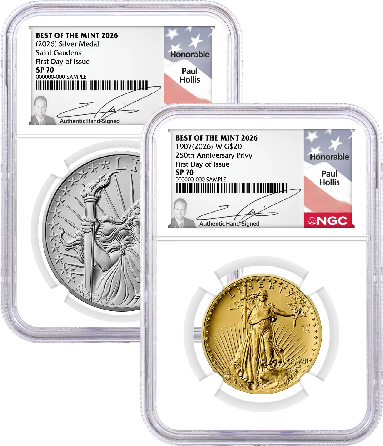 1907(2026) W 24K Gold Saint-Gaudens $20 Coin with Liberty Bell Privy + Companion Silver Medal Best of the Mint NGC SP70 First Day of Issue Hollis Signed Flag Label with Bonus 1776 2-Coin Display Case