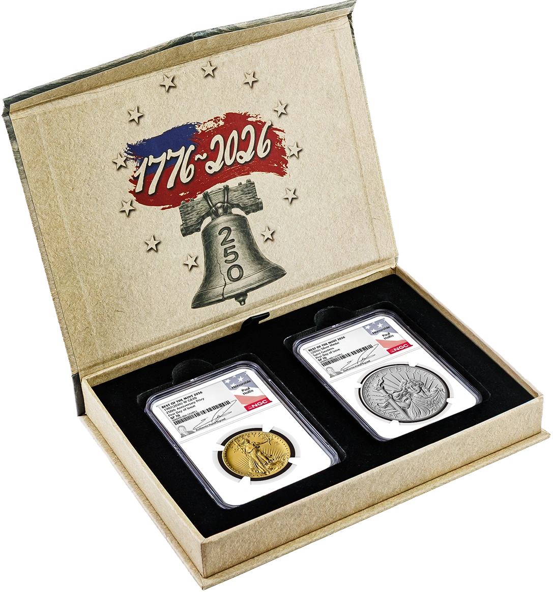 1907(2026) W 24K Gold Saint-Gaudens $20 Coin with Liberty Bell Privy + Companion Silver Medal Best of the Mint NGC SP70 First Day of Issue Hollis Signed Flag Label with Bonus 1776 2-Coin Display Case