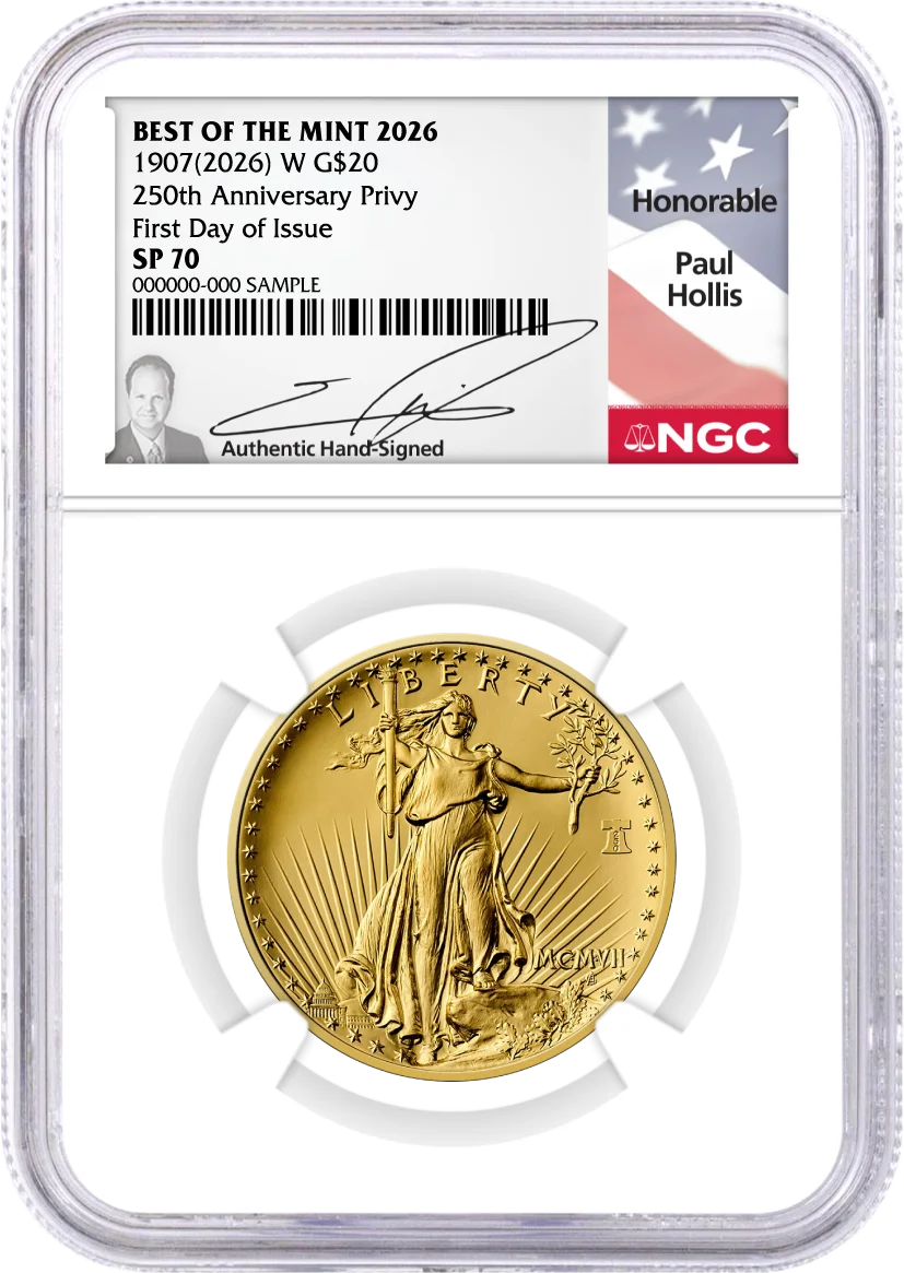1907(2026) W 24K Gold Saint-Gaudens $20 Coin with Liberty Bell Privy + Companion Silver Medal Best of the Mint NGC SP70 First Day of Issue Hollis Signed Flag Label with Bonus 1776 2-Coin Display Case