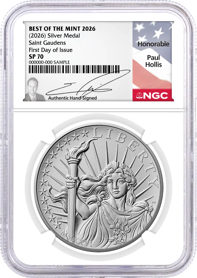 1907(2026) W 24K Gold Saint-Gaudens $20 Coin with Liberty Bell Privy + Companion Silver Medal Best of the Mint NGC SP70 First Day of Issue Hollis Signed Flag Label with Bonus 1776 2-Coin Display Case