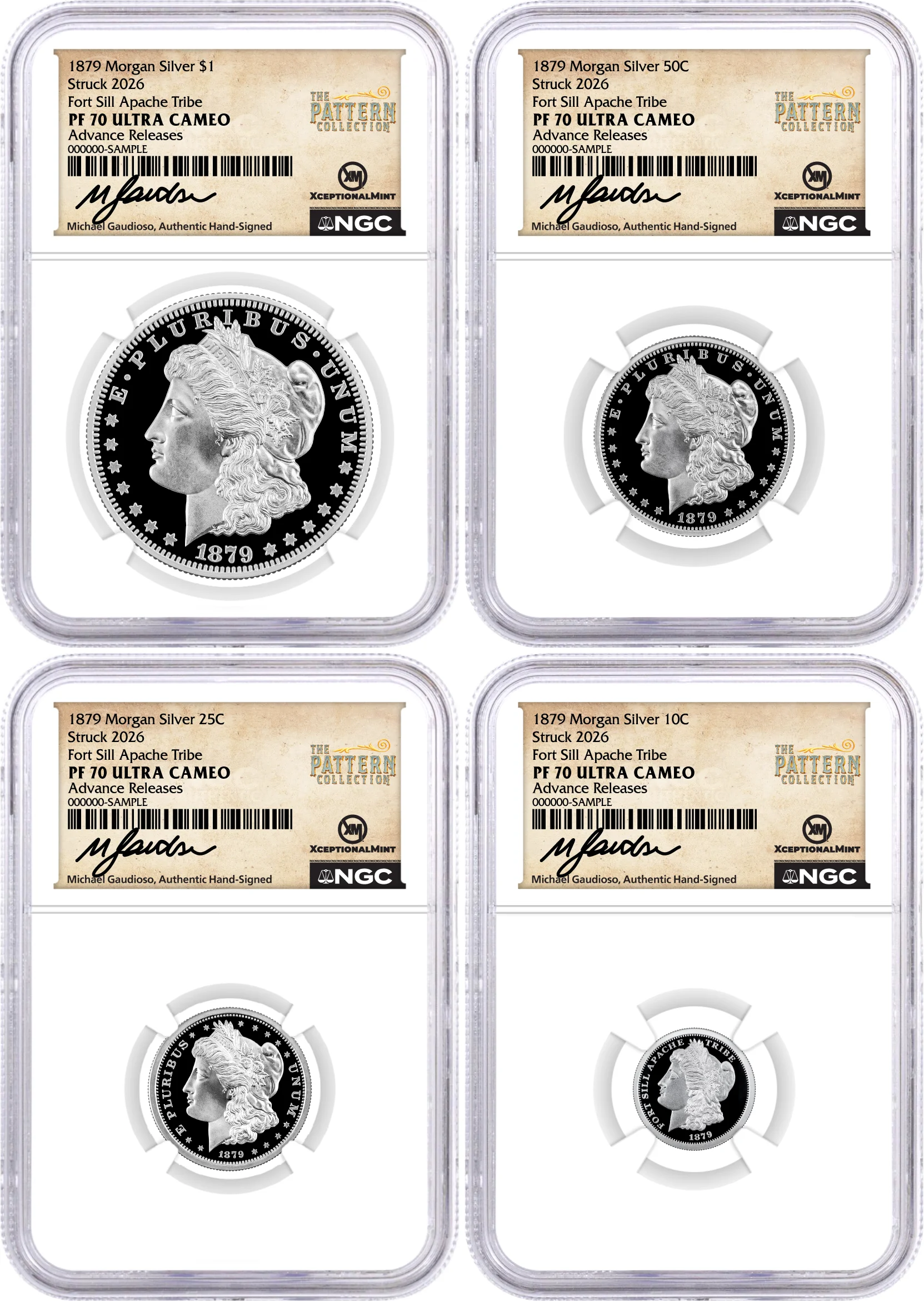 1879(2026) Morgan Pattern 4-Coin Set NGC PF70 UCAM Advance Releases Gaudioso Signed with Bonus Whitman US Pattern Coins Book