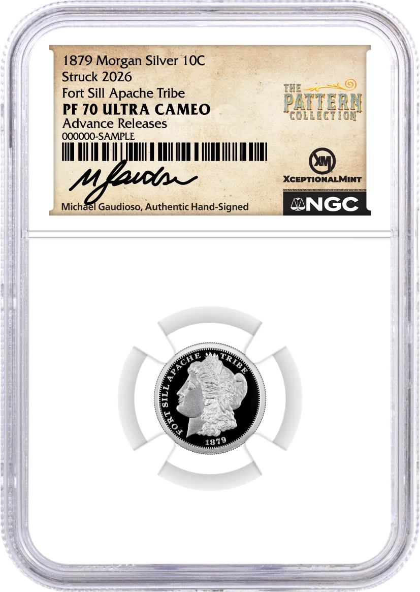 1879(2026) Morgan Pattern 4-Coin Set NGC PF70 UCAM Advance Releases Gaudioso Signed with Bonus Whitman US Pattern Coins Book