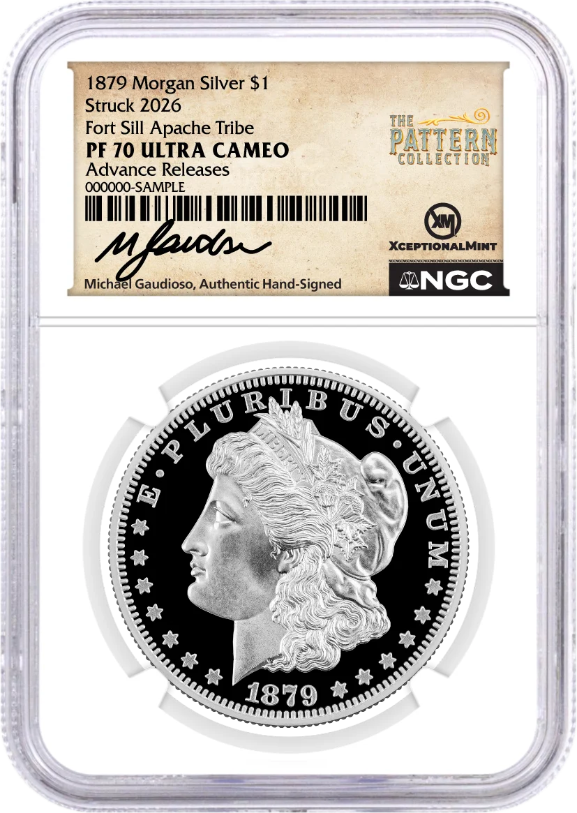 1879(2026) Morgan Pattern 4-Coin Set NGC PF70 UCAM Advance Releases Gaudioso Signed with Bonus Whitman US Pattern Coins Book