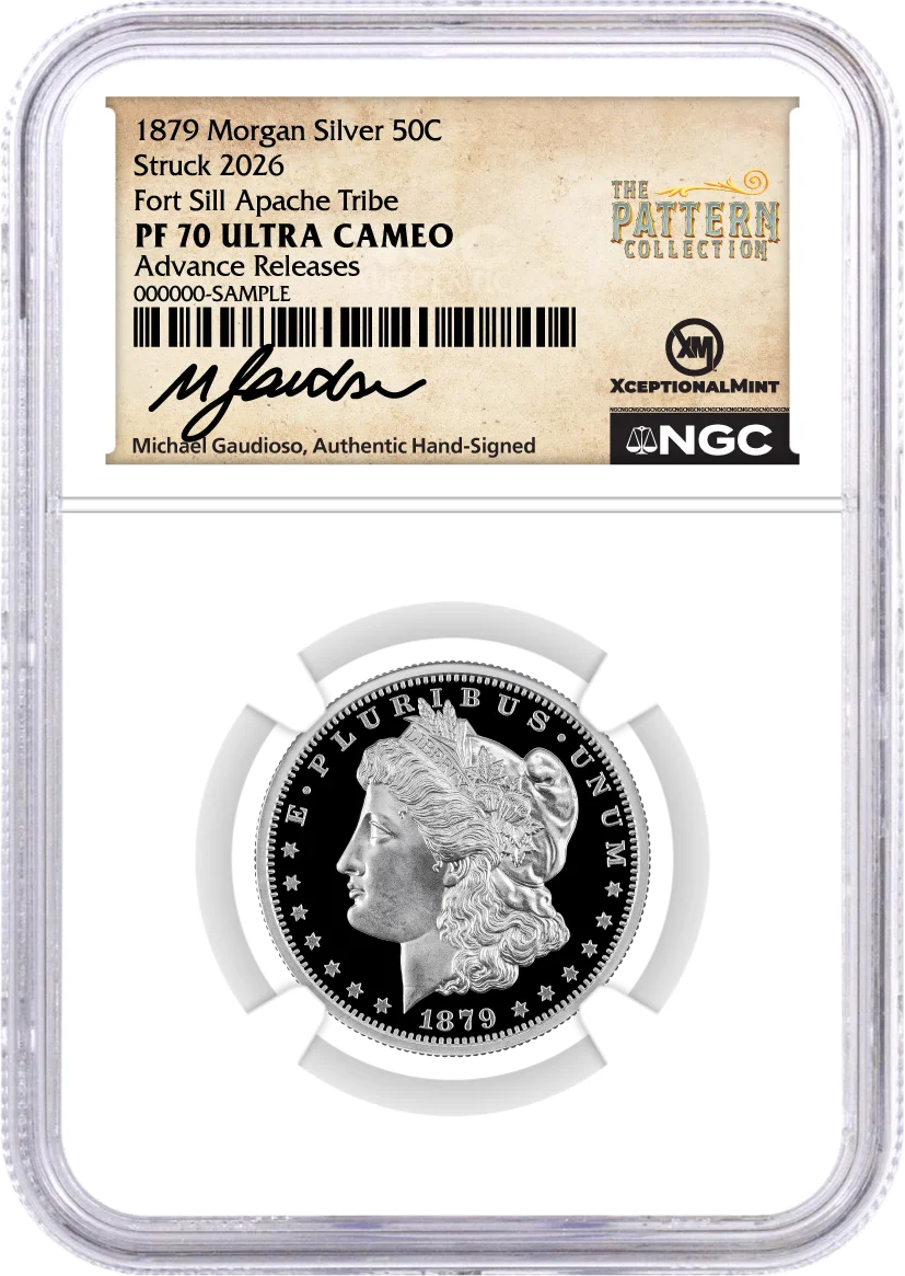 1879(2026) Morgan Pattern 4-Coin Set NGC PF70 UCAM Advance Releases Gaudioso Signed with Bonus Whitman US Pattern Coins Book