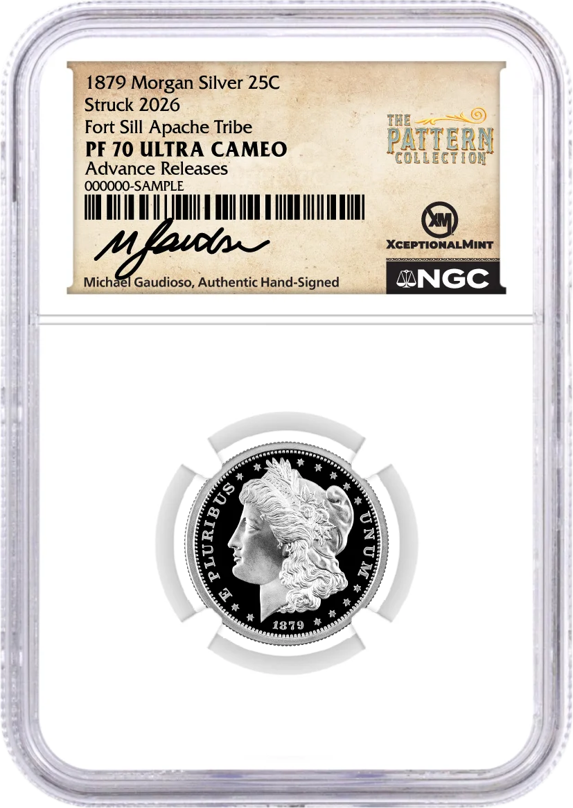1879(2026) Morgan Pattern 4-Coin Set NGC PF70 UCAM Advance Releases Gaudioso Signed with Bonus Whitman US Pattern Coins Book