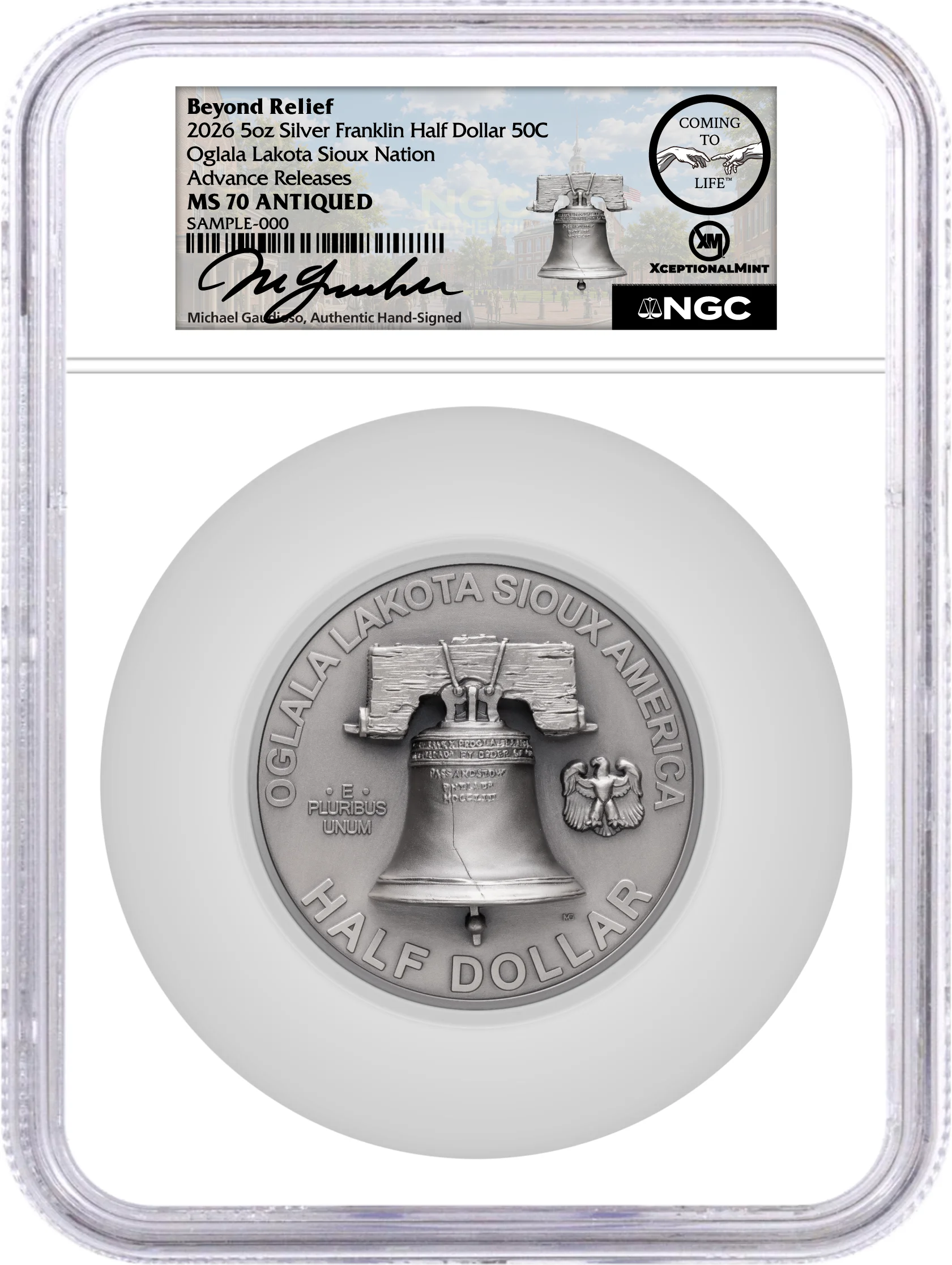 2026 50C 5 oz Franklin Half Dollar Coming To Life NGC MS70 Antiqued Advance Releases Gaudioso Signed X-Mint Label