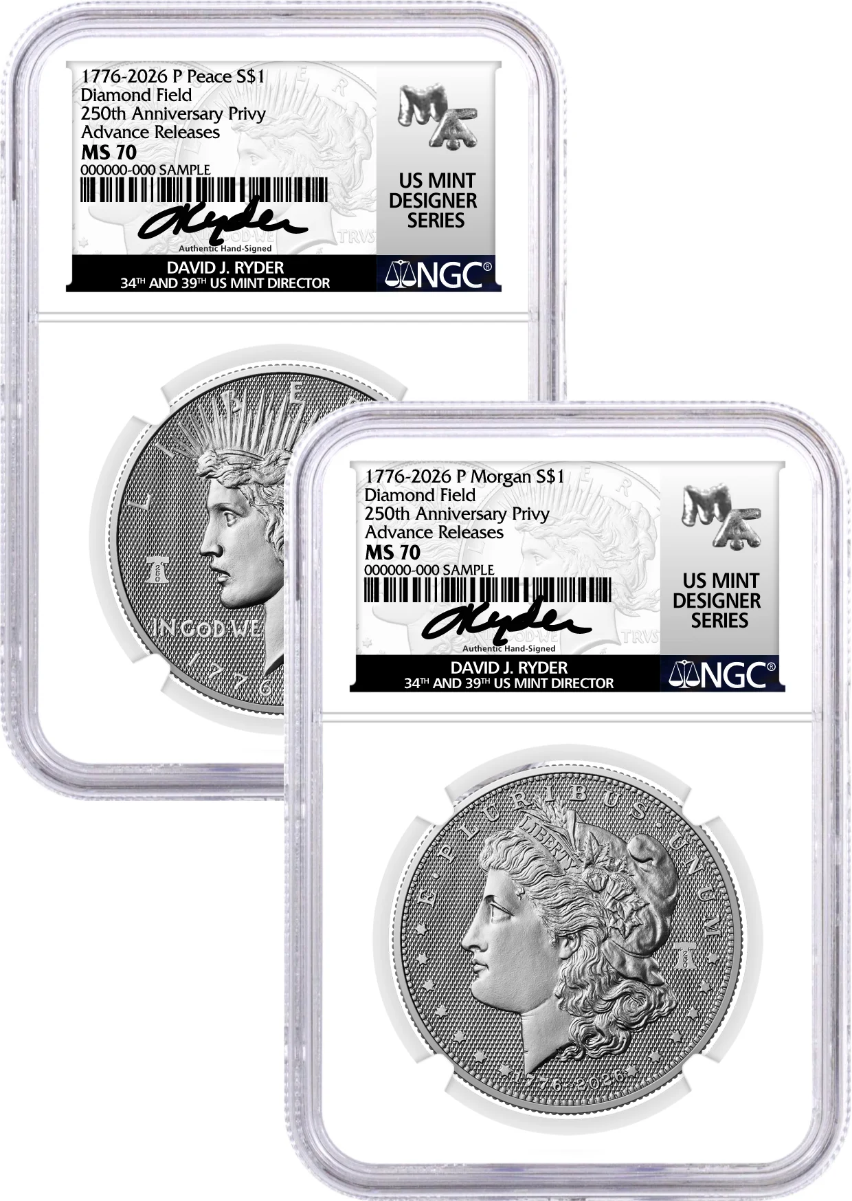 1776-2026 P $1 Diamond Field Silver Morgan Dollar & Peace Dollar 2-Coin Set NGC MS70 Advance Releases Ryder Signed US Mint Designer Series
