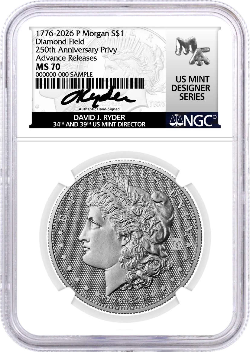 1776-2026 P $1 Diamond Field Silver Morgan Dollar & Peace Dollar 2-Coin Set NGC MS70 Advance Releases Ryder Signed US Mint Designer Series