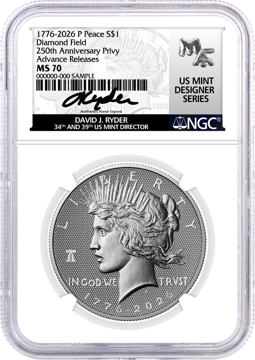 1776-2026 P $1 Diamond Field Silver Morgan Dollar & Peace Dollar 2-Coin Set NGC MS70 Advance Releases Ryder Signed US Mint Designer Series