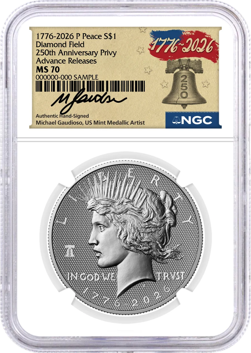 1776-2026 P $1 Diamond Field Silver Morgan Dollar & Peace Dollar 2-Coin Set NGC MS70 Advance Releases Gaudioso Signed 1776 Freedom Label