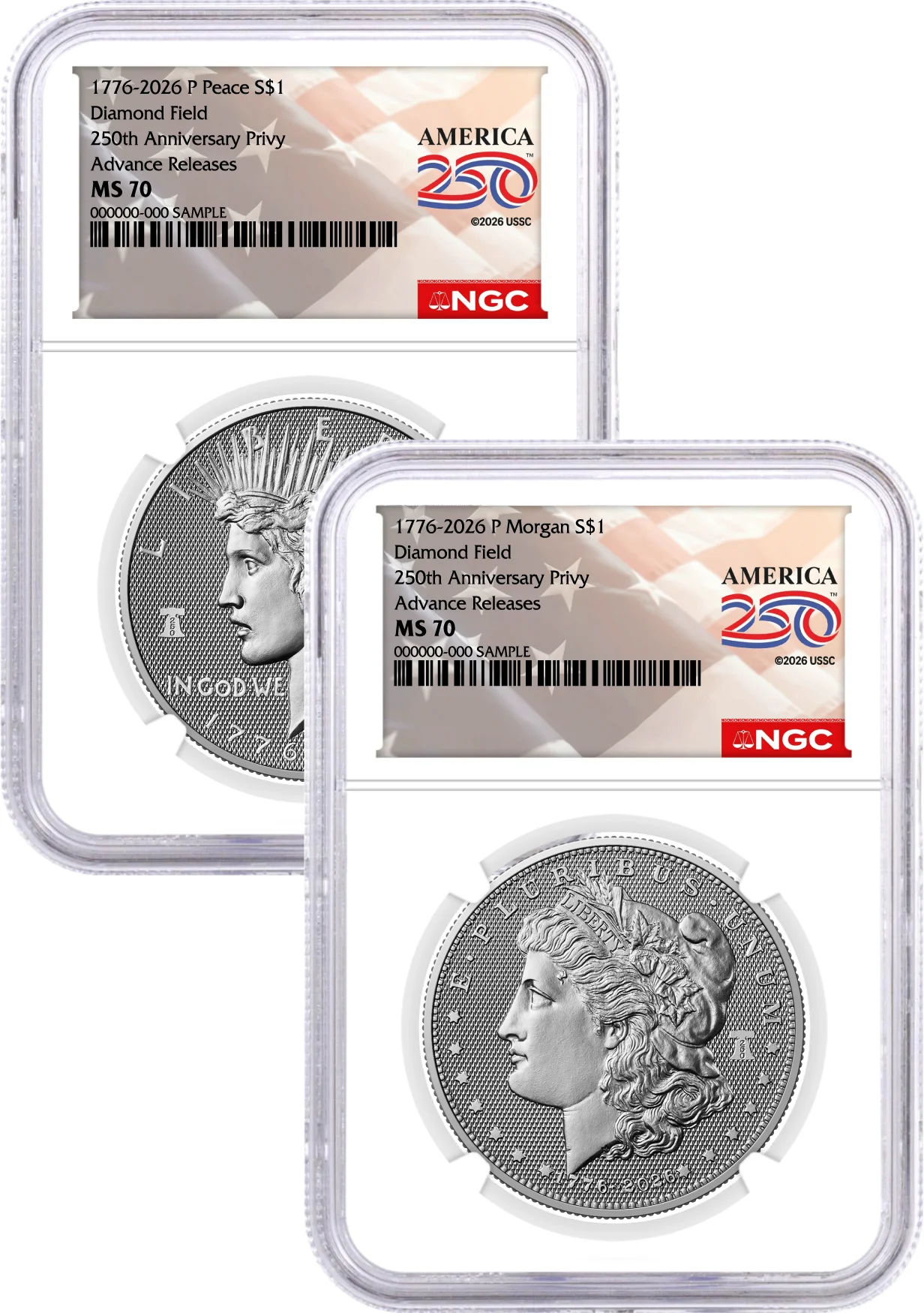 1776-2026 P $1 Diamond Field Silver Morgan Dollar & Peace Dollar 2-Coin Set NGC MS70 Advance Releases America250™ Label