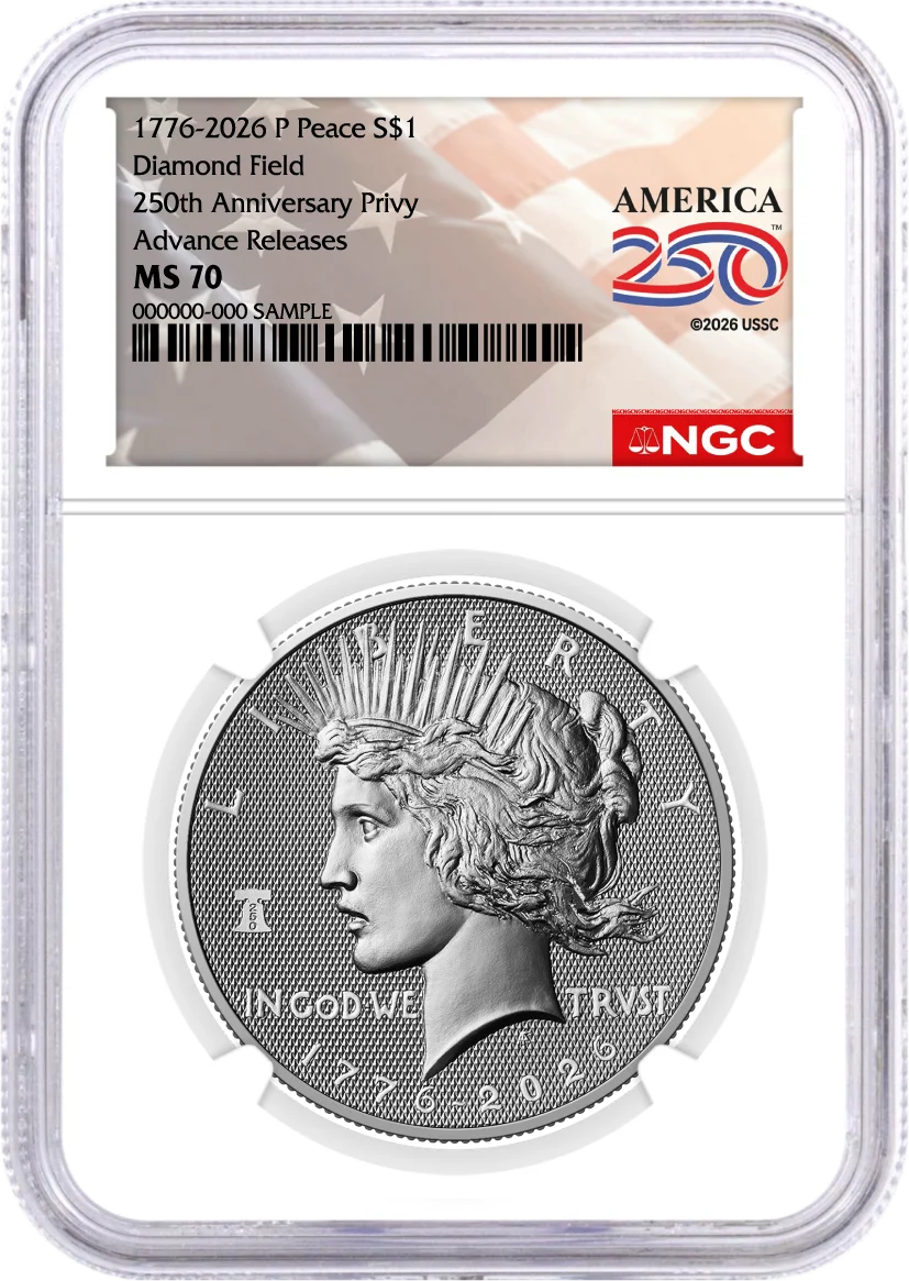 1776-2026 P $1 Diamond Field Silver Morgan Dollar & Peace Dollar 2-Coin Set NGC MS70 Advance Releases America250™ Label