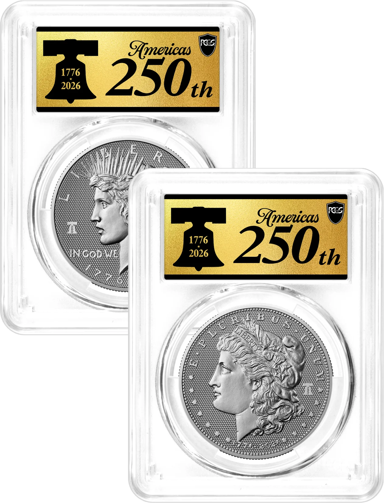 1776-2026 P $1 Diamond Field Silver Morgan Dollar & Peace Dollar 2-Coin Set PCGS MS70 Advanced Release America's 250th Gold Label