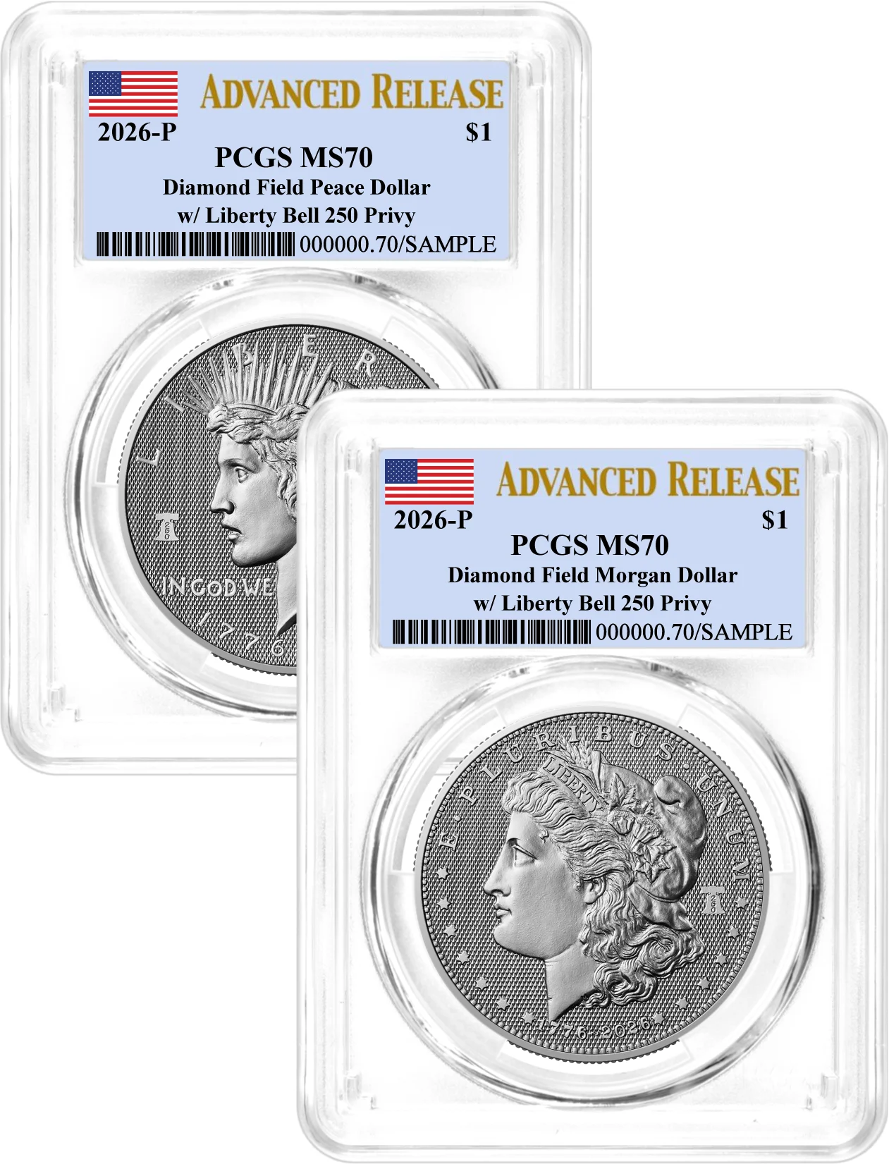 1776-2026 P $1 Diamond Field Silver Morgan Dollar & Peace Dollar 2-Coin Set PCGS MS70 Advanced Release Flag Label