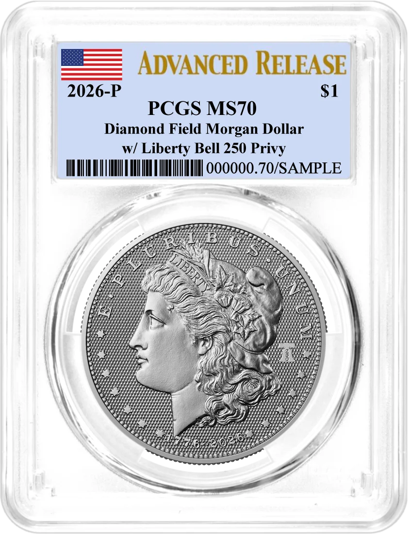 1776-2026 P $1 Diamond Field Silver Morgan Dollar & Peace Dollar 2-Coin Set PCGS MS70 Advanced Release Flag Label