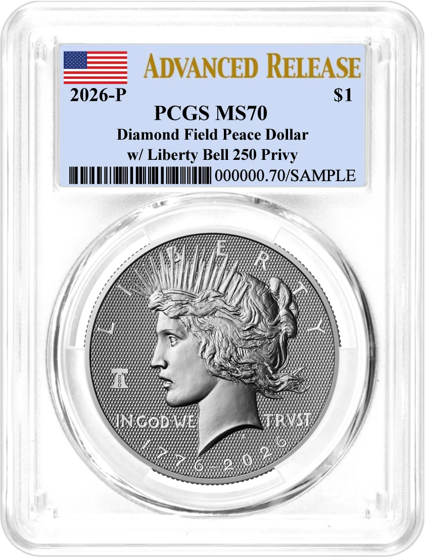 1776-2026 P $1 Diamond Field Silver Morgan Dollar & Peace Dollar 2-Coin Set PCGS MS70 Advanced Release Flag Label