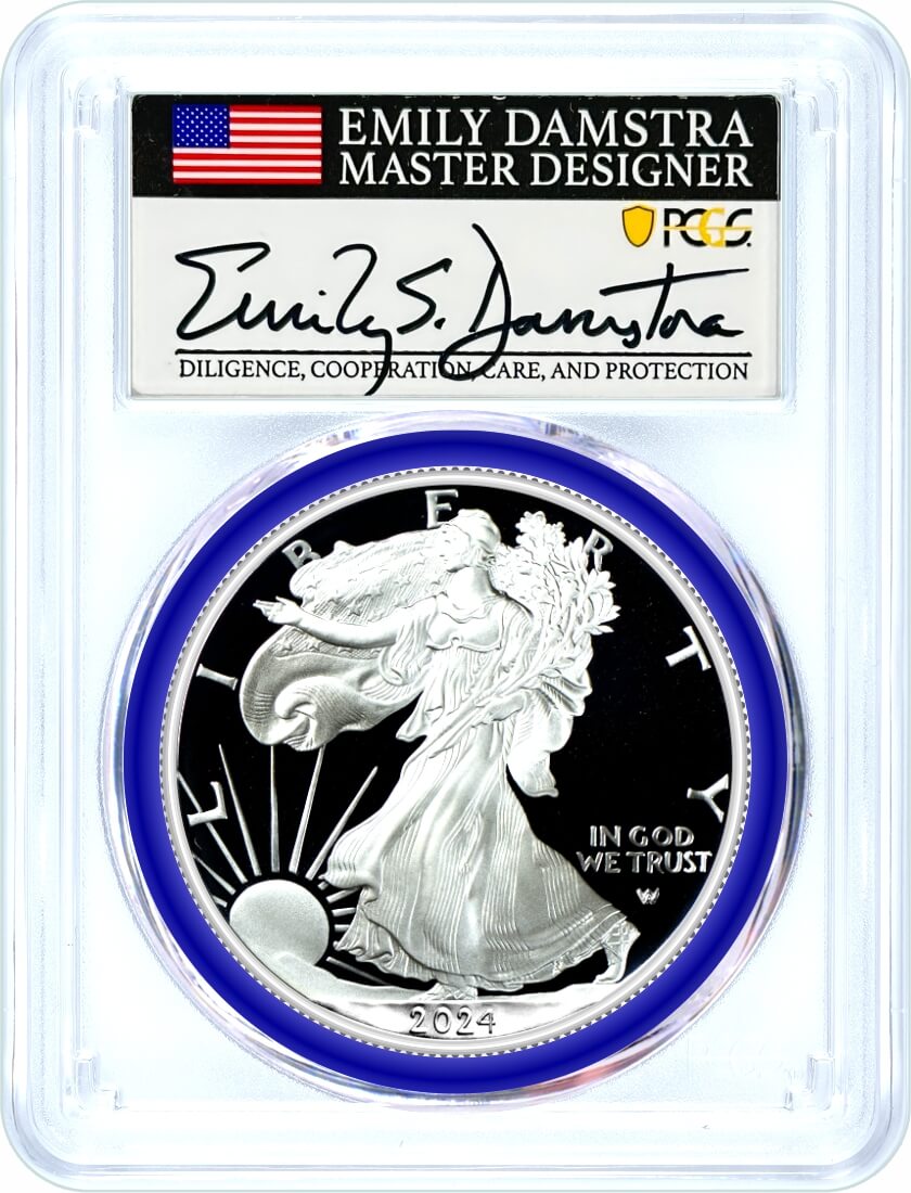 2024 W $1 1 oz Proof Silver Eagle PCGS PR70 DCAM First Strike Damstra Signed Mint Designer Series Flag Label