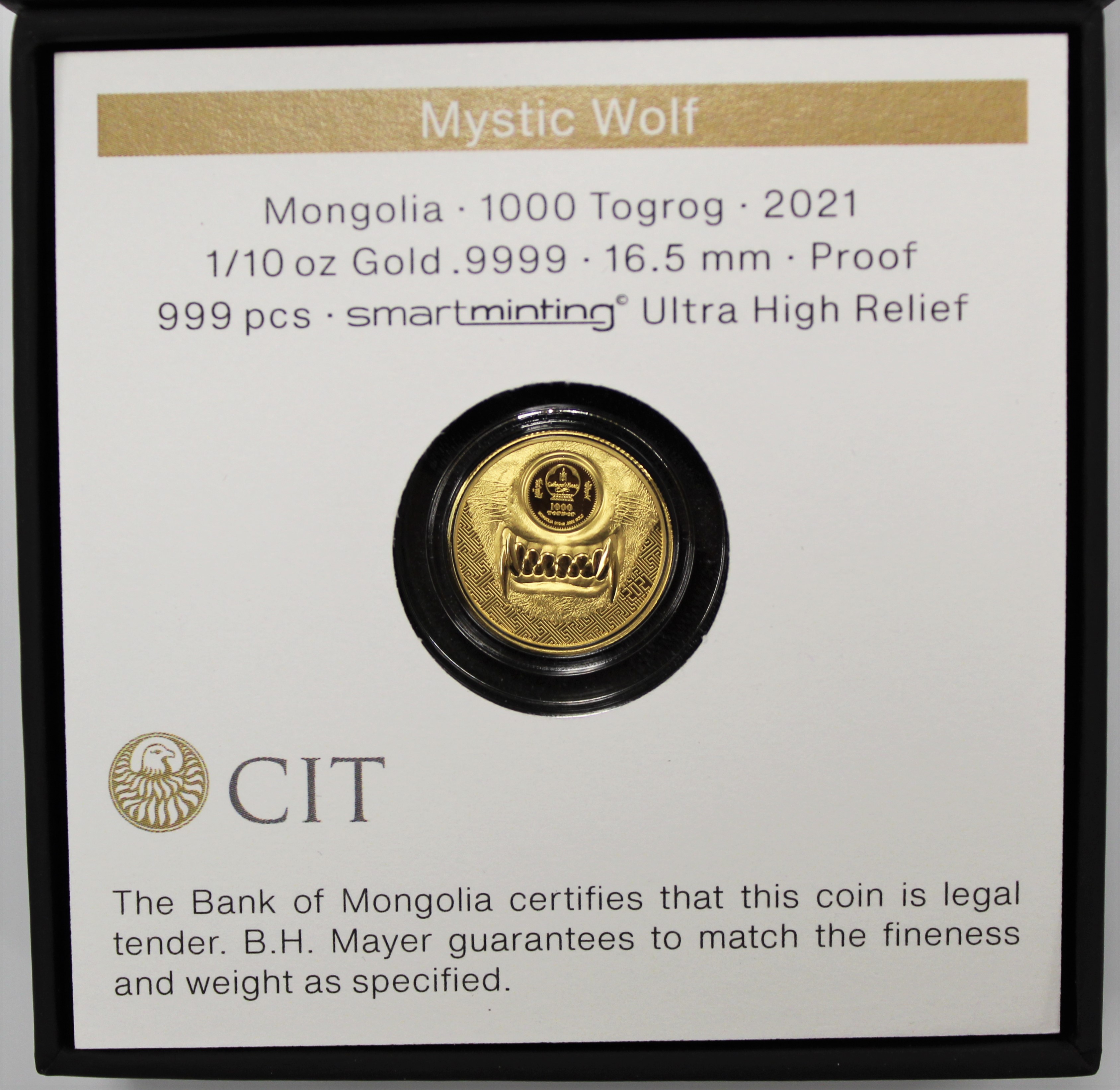 2021 Mongolia 1000 Togrog 1/10thoz .9999 Gold Proof Mystic Wolf Ultra High Relief OGP COA