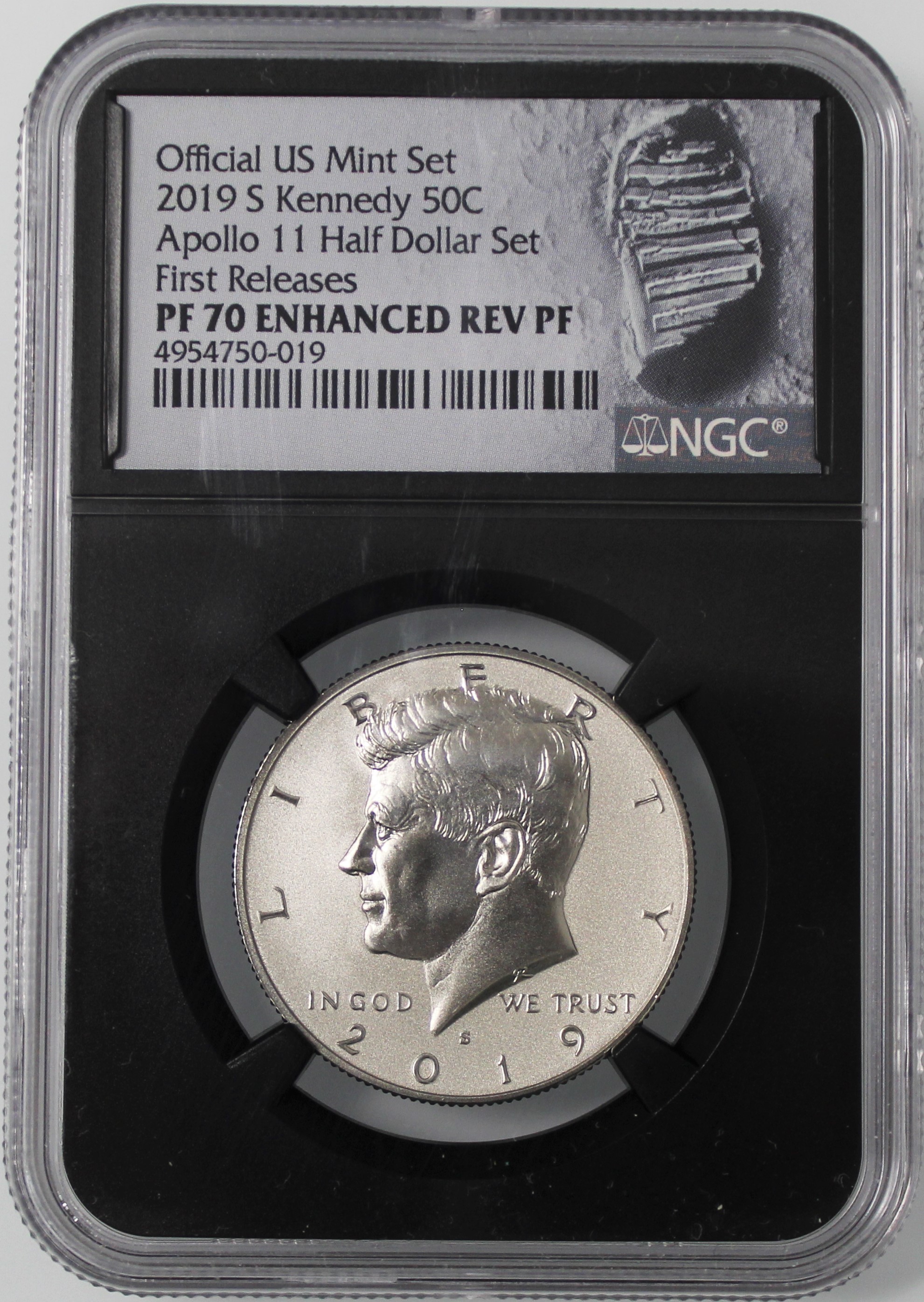 2019 S 50C Enhanced Reverse Proof Kennedy Half Dollar Apollo 11 Official US Mint Set NGC PF70 ENHANCED REV PF First Releases Boot Print Label Black Core