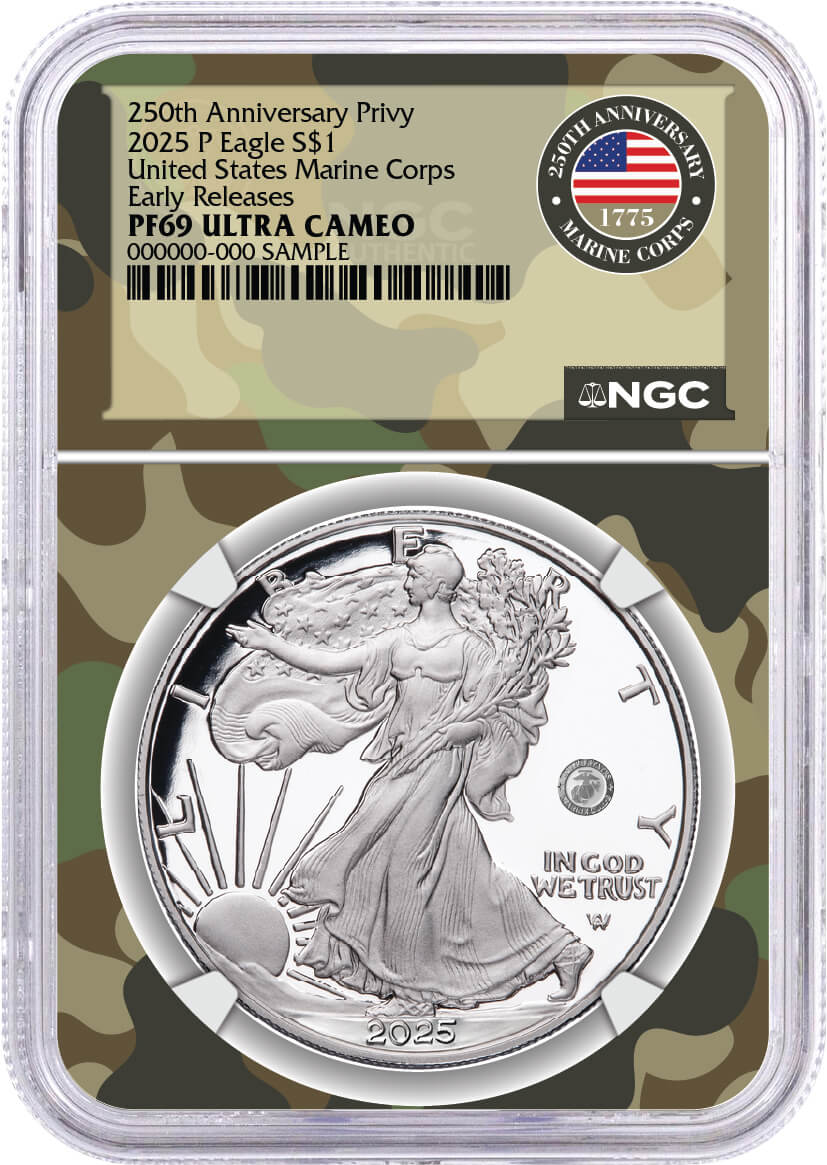 2025 P $1 1oz Silver Eagle 250th Anniversary United States Marine Corps Privy NGC PF69 UCAM Early Releases Marine Camo Core and Label with OGP