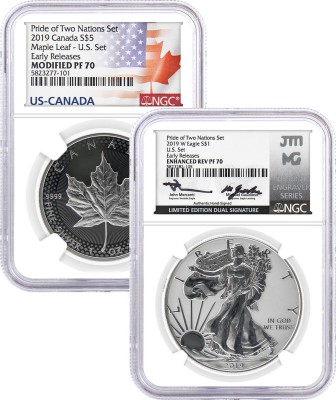 2019 Pride of Two Nations U.S. Set W $1 Silver Eagle NGC Enhanced Rev PF70 Mercanti/Gaudioso Signed Limited Edition Dual Signature MES + Canada $5 Maple Leaf NGC Modified PF70 US Canada Label 