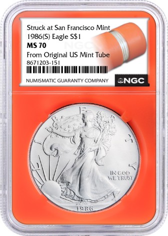 1986 (S) $1 1 oz Struck at San Francisco Silver Eagle NGC MS70 From Original US Mint Tube Orange Core