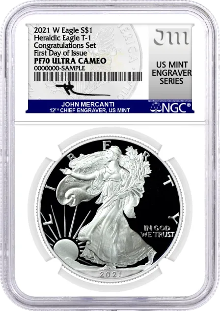 2021 W $1 Proof Silver Eagle Type 1 Congratulations Set NGC PF70 UCAM First Day of Issue Mercanti Signed U.S Mint Engraver Series