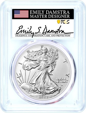 2022 W $1 Burnished Silver Eagle PCGS SP70 Advance Release Damstra Signed 
