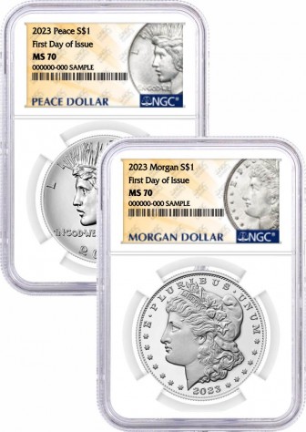 2023 $1 Uncirculated Silver Morgan Dollar and Peace Dollar 2 Coin Duo NGC MS70 First Day of Issue Design Label