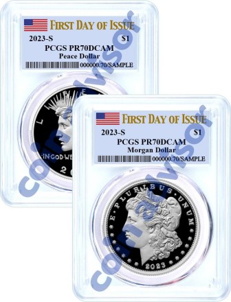 2023 S $1 Proof Silver Morgan Dollar and Peace Dollar 2 Coin Duo PCGS PR70 DCAM First Day of Issue Flag Label