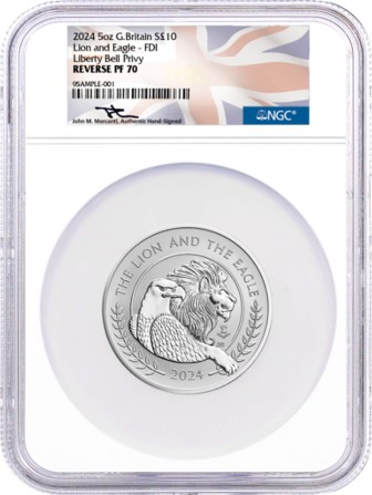 2024 G. Britain £10 5oz Silver Mercanti's Lion and Eagle Liberty Bell Privy NGC Reverse PF70 First Day of Issue Mercanti Signed Flag Label